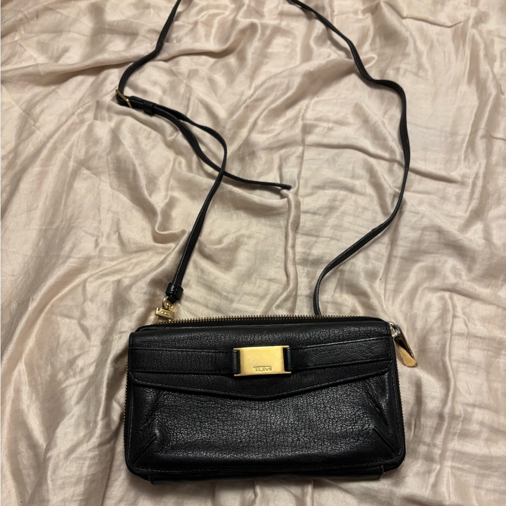 Tumi Black Leather Crossbody Bag with Gold Details